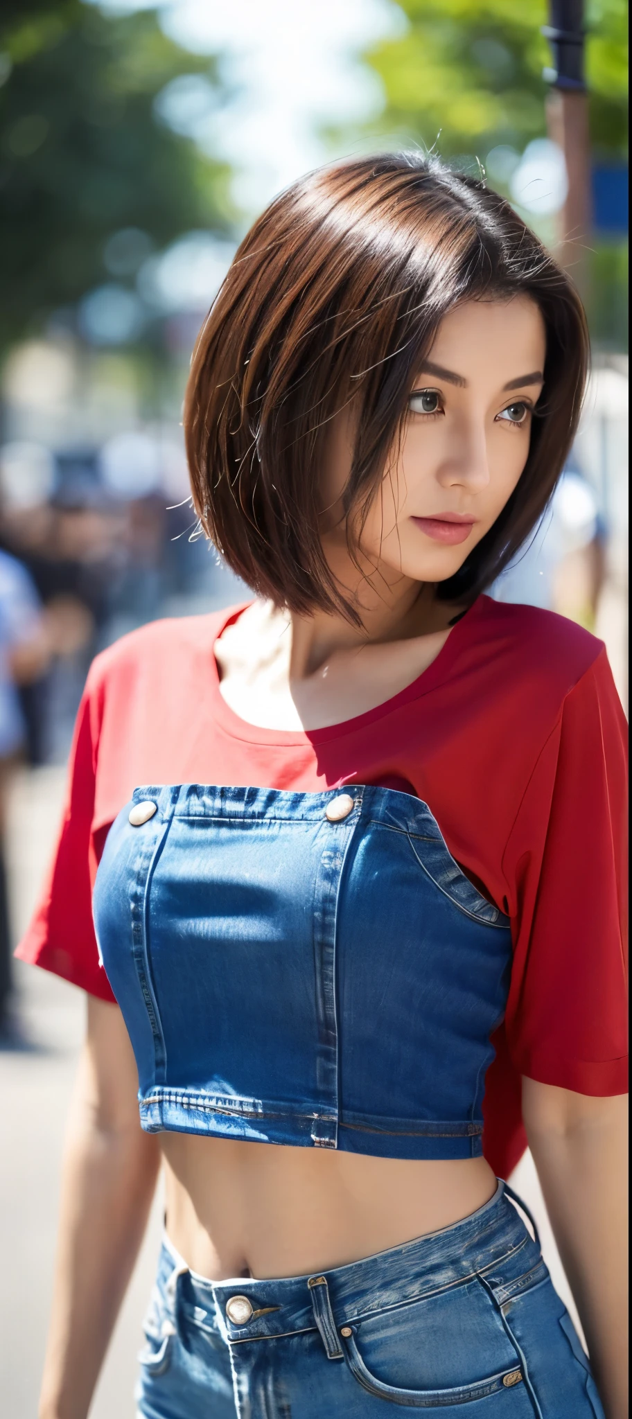 (top-quality、8K、masterpiece:1.3))、sharp focus:1.2、Beautiful woman perfect body:1.4、Slim abs:1.2、((Bob Hair、:1.2))、(red T-shirt、denim:1.1)、(Sateen、a street:1.2)、wetbody:1.5、Three-dimensional texture、A detailed eye、Brown hair、posterior view