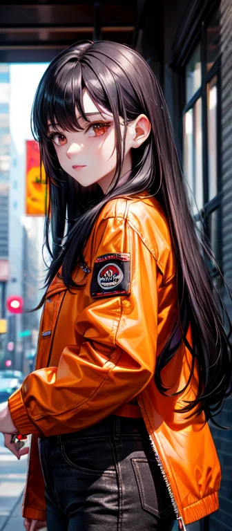 Long black hair, black eyes, short denim, red blouse and orange jacket.