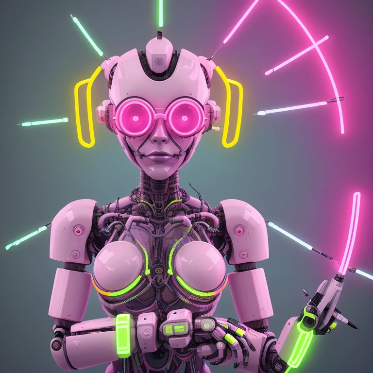 Human killer robot,pair of pink and yellow glasses, Asas Neon,Fios verdes,Armadura magenta,yellow core,Suspenso no ar,Insane robot