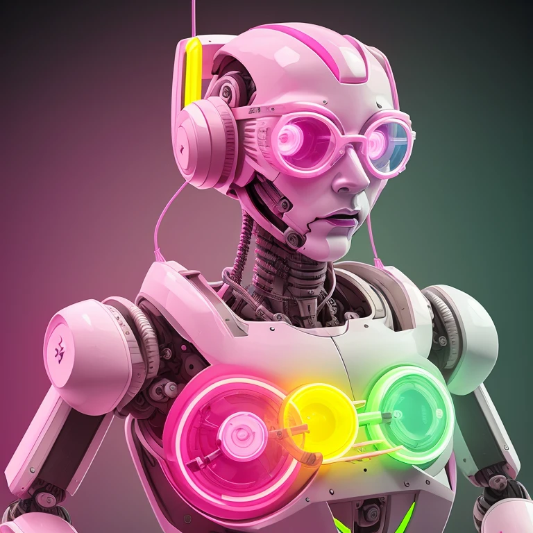 Human killer robot,pair of pink and yellow glasses, Asas Neon,Fios verdes,Armadura magenta,yellow core,Suspenso no ar,Insane robot