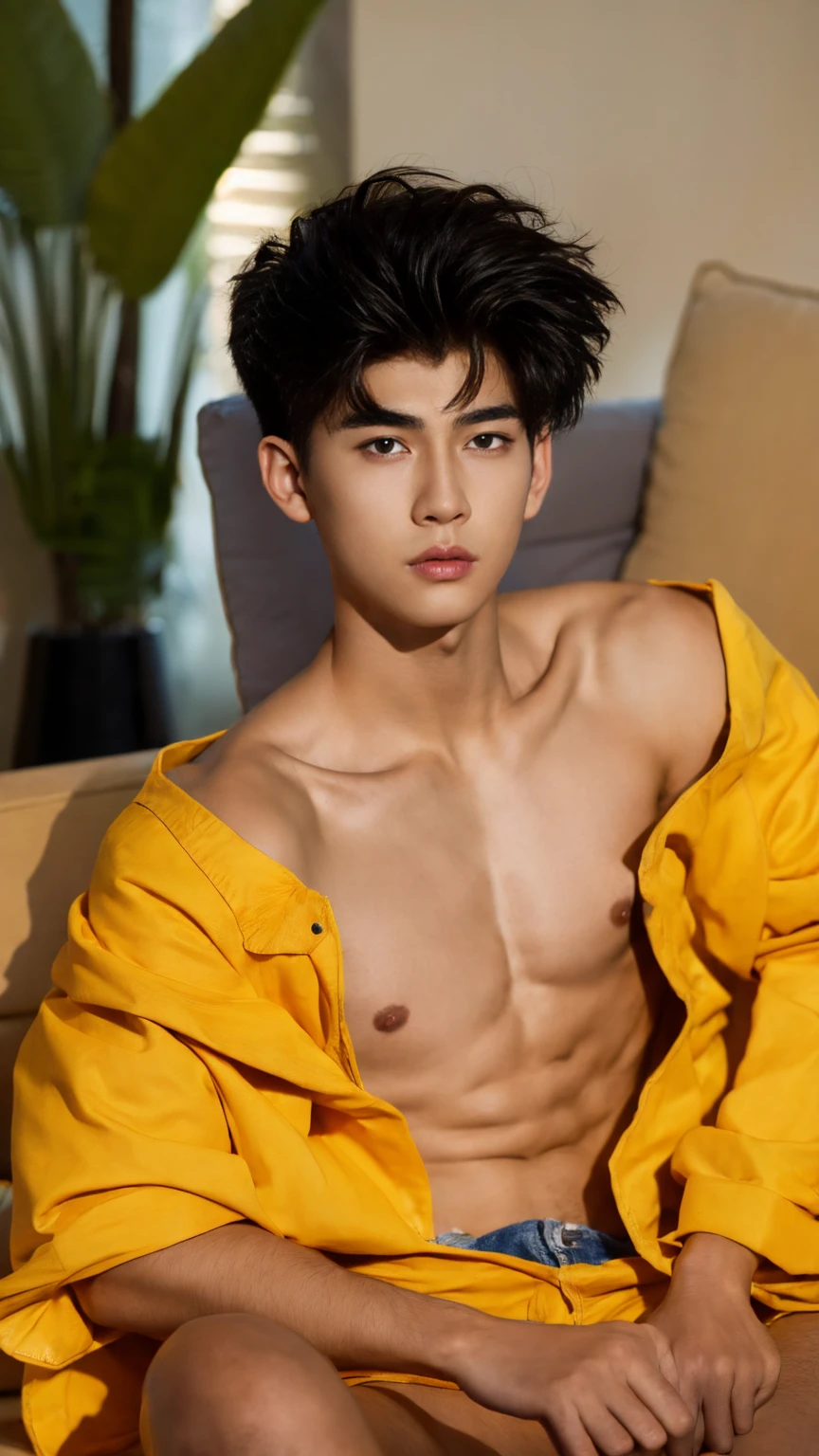 Thai-american  boy 15 yearsome faces, sharp eyes, Korean style hair, prominent noses, walking in highschool , shirtless , nude,wearing a yellow underwear.