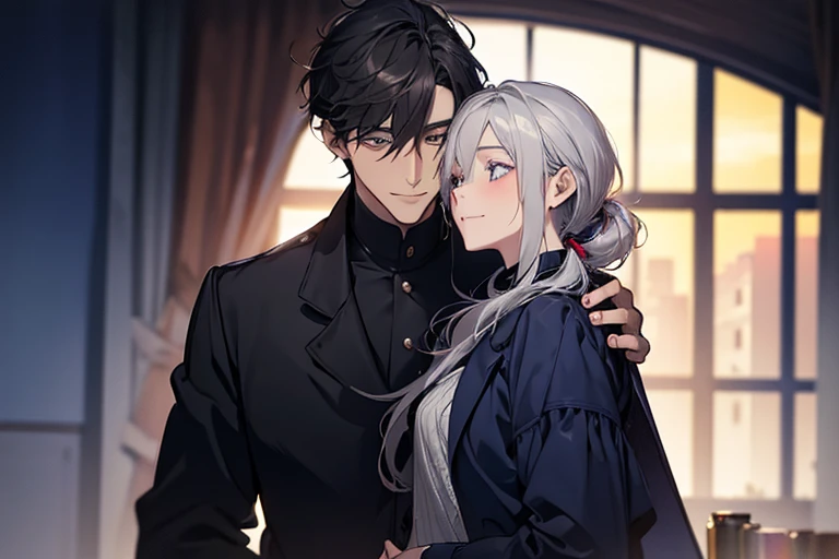 masterpiece, highest quality, 2 him, couple, 1 male and 1 female,mature, adult, Height difference, different fashion, different colors, small eyes and small face, intricate details, coat,dawn sky,Snuggle up,smile, Happy, A man with a dark blue low ponytail,The man has a dark blue low ponytail,silver long haired woman,The woman has her long silver hair down.,dark blue eyed man, red-brown eyed woman