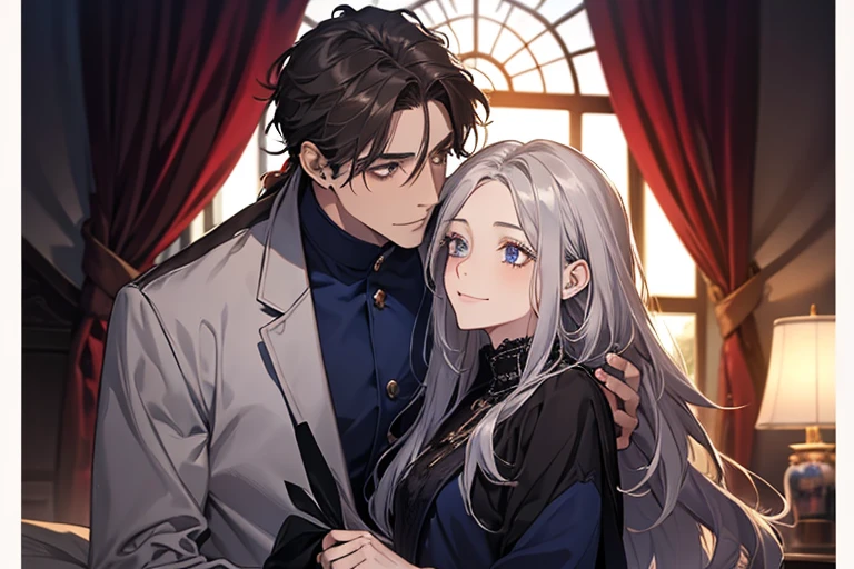 masterpiece, highest quality, 2 him, couple, 1 male and 1 female,mature, adult, Height difference, different fashion, different colors, small eyes and small face, intricate details, coat,dawn sky,Snuggle up,smile, Happy, A man with a dark blue low ponytail,The man has a dark blue low ponytail,silver long haired woman,The woman has her long silver hair down.,dark blue eyed man, red-brown eyed woman
