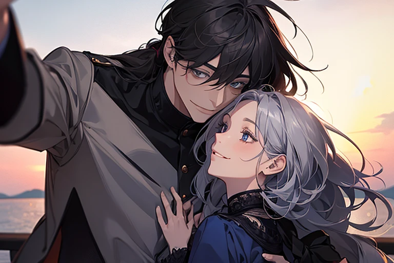 masterpiece, highest quality, 2 him, couple, 1 male and 1 female,mature, adult, Height difference, different fashion, different colors, small eyes and small face, intricate details, coat,dawn sky,Snuggle up,smile, Happy, A man with a dark blue low ponytail,The man has a dark blue low ponytail,silver long haired woman,The woman has her long silver hair down.,dark blue eyed man, red-brown eyed woman