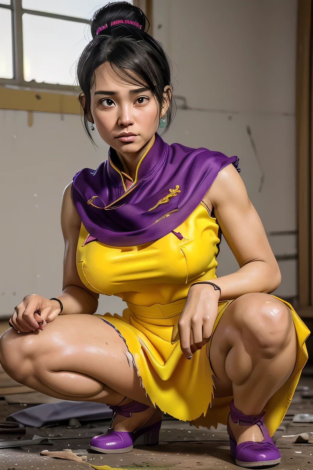 (16 K, Raw photo, Best Quality, masutepiece:1.2), (Realistic, Photorealsitic:1.37),((1girl in)), (chichi_nffsw, yellow_China_Dress, Purple_neckerchief, Torn dress:1.5), Portrait, Professional Lighting, Photon mapping, Physically-based rendering, Lens 135mm, (abandoned houses:1.1, squatting and opening legs:1.3), Detailed face, Detailed skin, Beautiful lips, (Perfect slim body style:1.1, Full body shot:1.1, gigantic cleavage breasts:1.5, Exposed shaved armpits:1.15), badhandsv5-neg, (Realistic, Photorealsitic:1.2), High detailed skin, Puffy eyes, Black hair, updo hair,