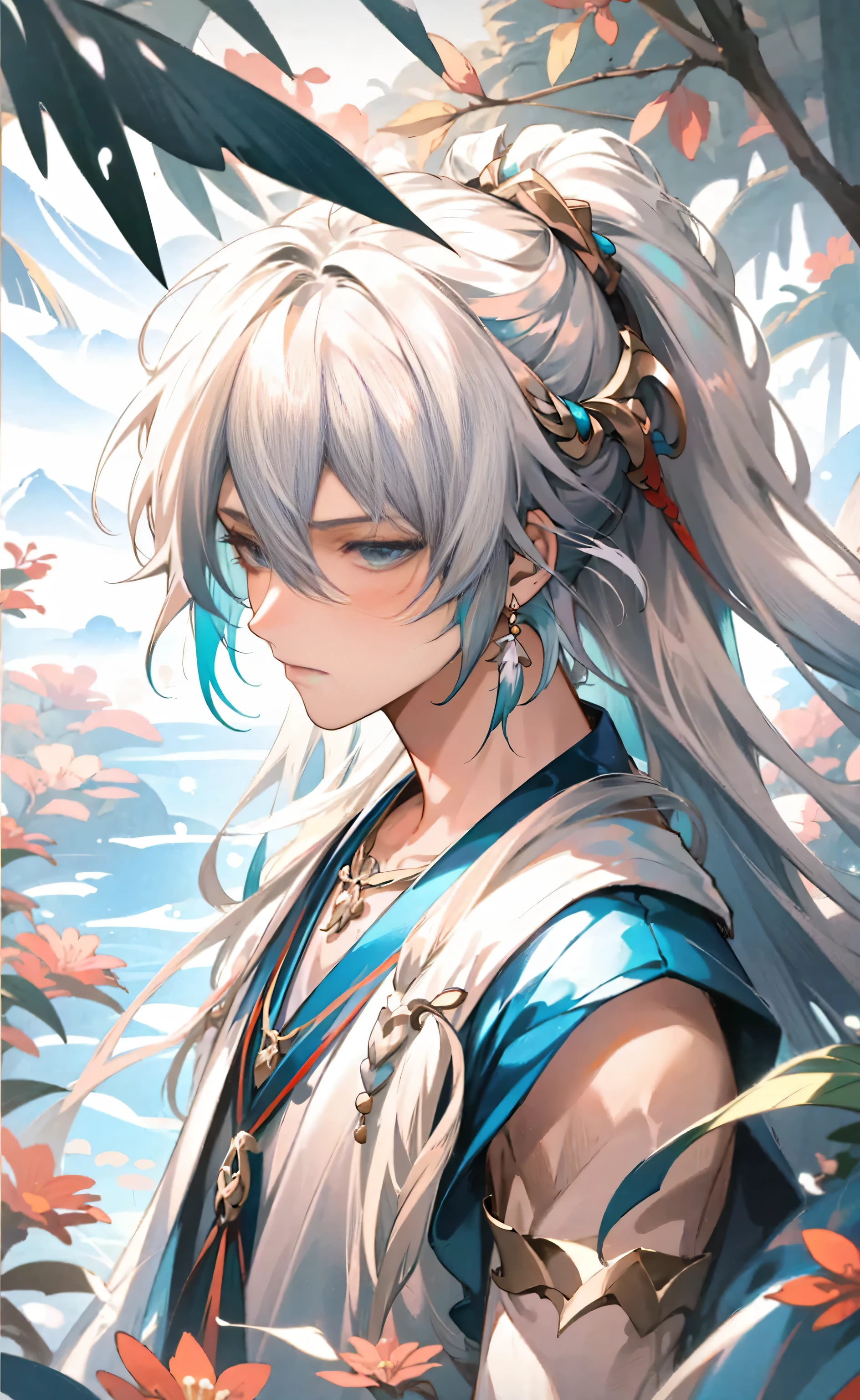 Anime girl with long white hair and blue eyes in the forest, White hair deity, Zodiac Girl Knight Portrait, 《Genshin》Keqing in, White hair, Anime tribal long hair boy, White-haired, heise jinyao, anime art wallpaper 8k, anime style 4k, beautiful youth spirit, 《Genshin》Zhongli in