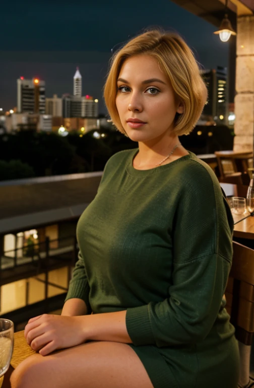 blonde woman, green eyes, 40 years old, (plussize) with short bob hair, she is wearing warm clothes sitting at a table on a terrace of a restaurant at the top of a building, observing a night in São Paulo