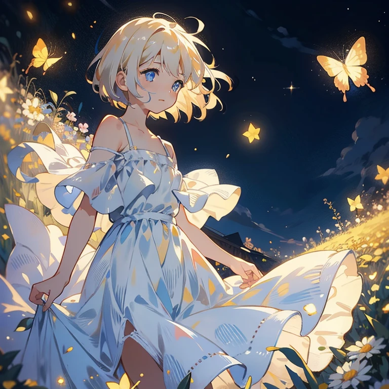 Depicts a carefree girl in a windswept flower field, surrounded by glowing Butterfly. stars light up the sky, The sun casts a warm light. Add bokeh for a dreamy touch. Vision, starlight, Butterfly, masterpiece, best quality,high dynamic range.ultra high definition.4k,8k,k,Very detailed,Super fine,extremely detailed description,professional, Volumetric light, platinum blonde, bob cut, Butterfly, best quality, illustration, Beautiful and delicate eyes, blue eyes,Double tail， posture, Off the shoulders，white clothing, starry sky, permanent, from below, The sun is dazzling, Sun visible at night