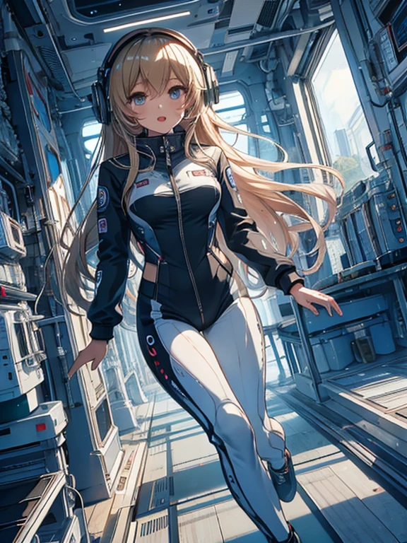 top-quality,Top image quality,in 8K,4K,​masterpiece,ultra-detailliert,Beautiful,ultra-quality, best quality,high resolution, ultra-detailed,game cg,dutch angle,acrobatic pose,jumping,(inside spacestation,)beautiful detailed eyes,five fingers,headphone,nsfw,a beauty girl,(track uniforms),wet,(steam:1.5),Running form,open open mouth,(blonde hair),(long hair):2,Navel,space_station_interior, exercise_room, futuristic, high_technology, zero_gravity_exercise_equipment, high_resolution_landscape, sleek_design, minimalistic, 8K_resolution, game_cg_style, Dutch_angle, detailed_character, track_uniform, perfect_running_form, intense_expression, detailed_eyes, determination, steam:1.5, beauty, strength, five_fingers, visible_navel, open_mouth, ultra_quality, high_resolution, ultra_detailed,astrovest