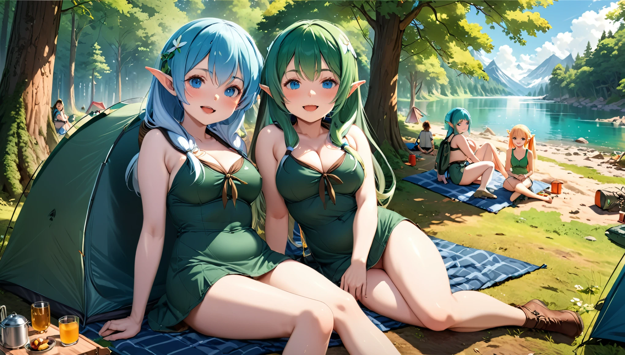 ((Masterpiece, highest quality)) , A beautiful elven girl, light blue hair,Hair style is twin tails, blue eyes,white skin, smile, fat  body type,breast, camping in nature, And multiple elven girls, light green hair, Wearing hunter-elf costume, looking at viewer, blush, smile, open mouth, bangs, hair between eyes, relaxing, outdoors, day, water, tree, tent, camping in nature