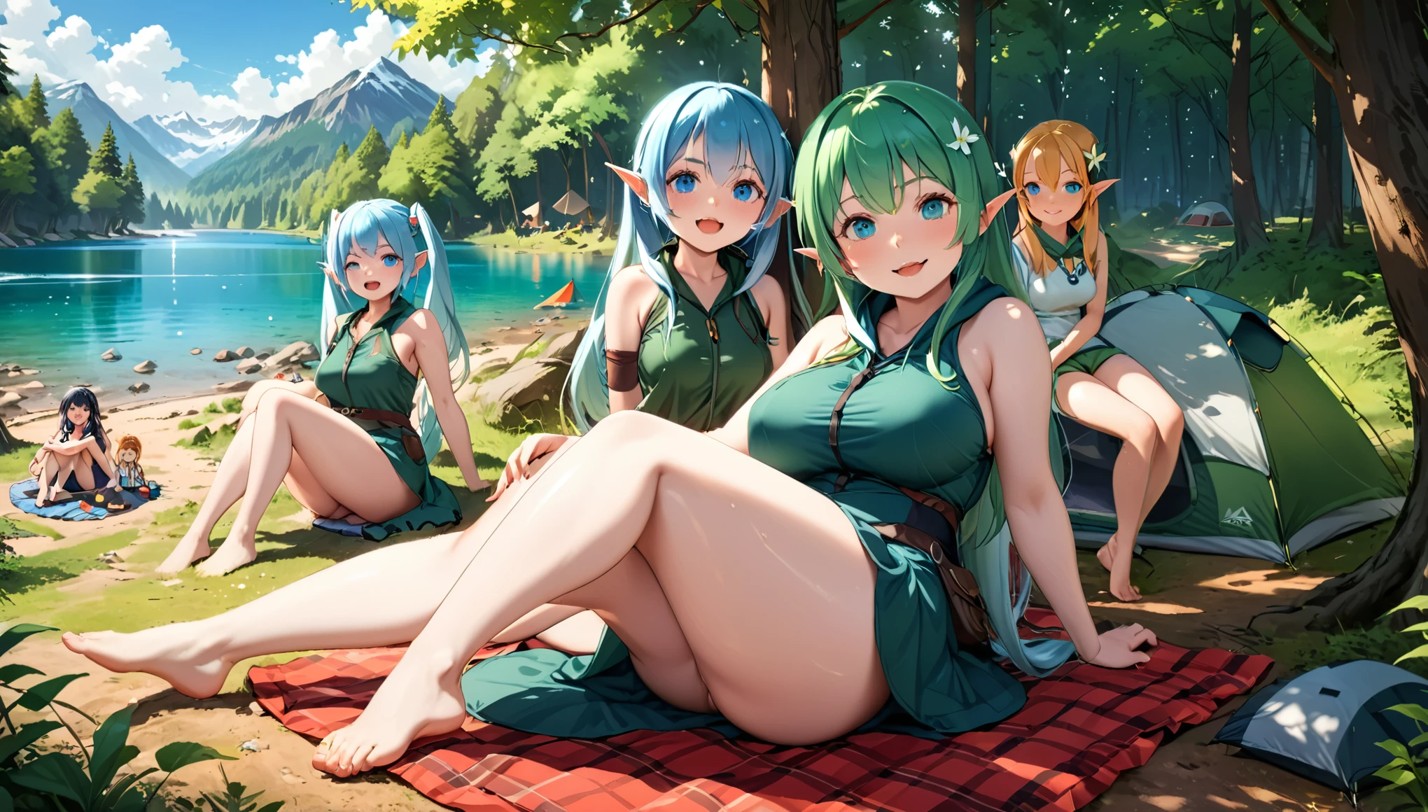 ((Masterpiece, highest quality)) , A beautiful elven girl, light blue hair,Hair style is twin tails, blue eyes,white skin, smile, fat  body type,breast, camping in nature, And multiple elven girls, light green hair, Wearing hunter-elf costume, looking at viewer, blush, smile, open mouth, bangs, hair between eyes, relaxing, outdoors, day, water, tree, tent, camping in nature
