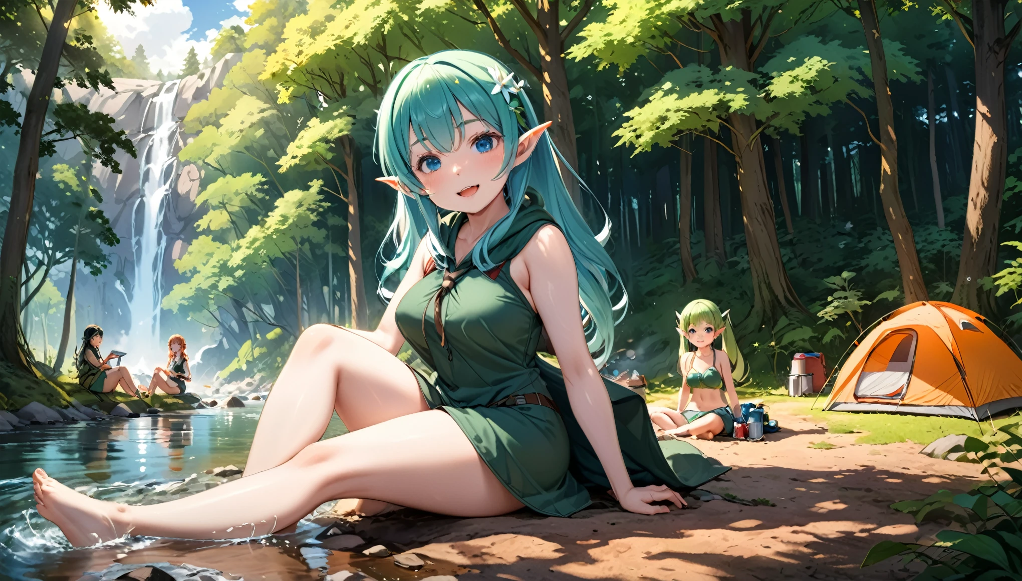 ((Masterpiece, highest quality)) , A beautiful elven girl, light blue hair,Hair style is twin tails, blue eyes,white skin, smile, fat  body type,breast, camping in nature, And multiple elven girls, light green hair, Wearing hunter-elf costume, looking at viewer, blush, smile, open mouth, bangs, hair between eyes, relaxing, outdoors, day, water, tree, tent, camping in nature