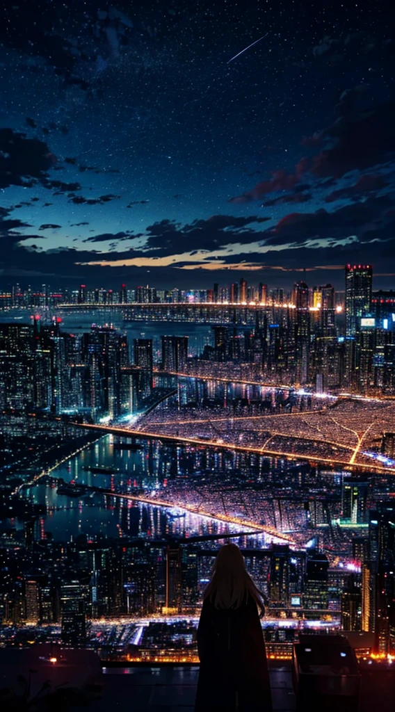 1people々々々々々々,blonde long hair,long coat,silhouette, Rear view,space sky, milky way, anime style, cherry blossoms,夜cherry blossoms,辺り一面に舞うcherry blossoms吹雪,Night view of the city from the mountainside,
