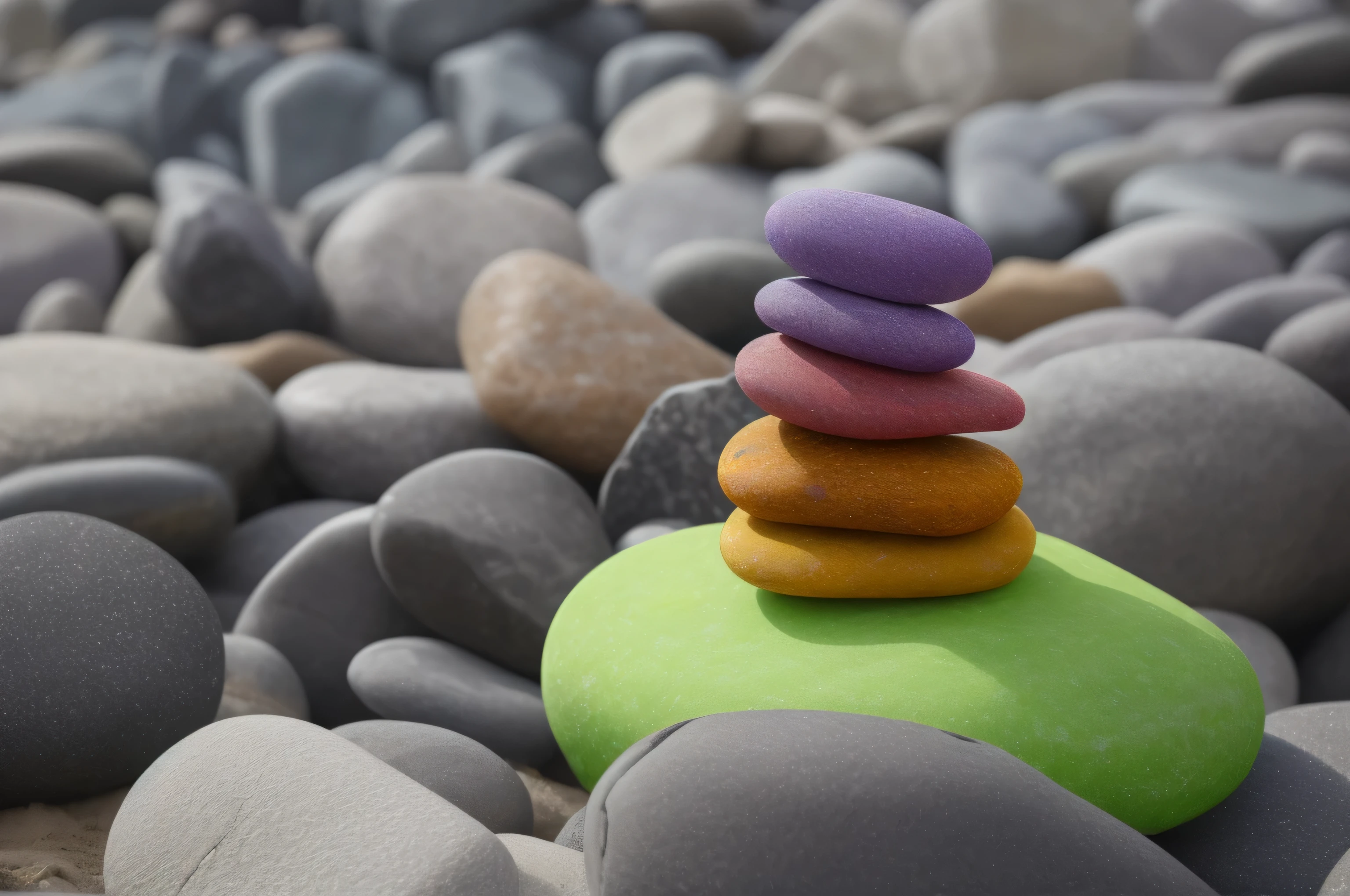 there are rocks stacked on top of each other on a beach, everything is in balance, stones, balance, many small and colorful stones, sculpture made of piled stones, balanced, balanced composition, balances, rocks, rocks), pebbles, zen, powerful zen composition, balanced colors, zen concept, significant pebbles boundaries, rich texture, smooth rocks, balance composition