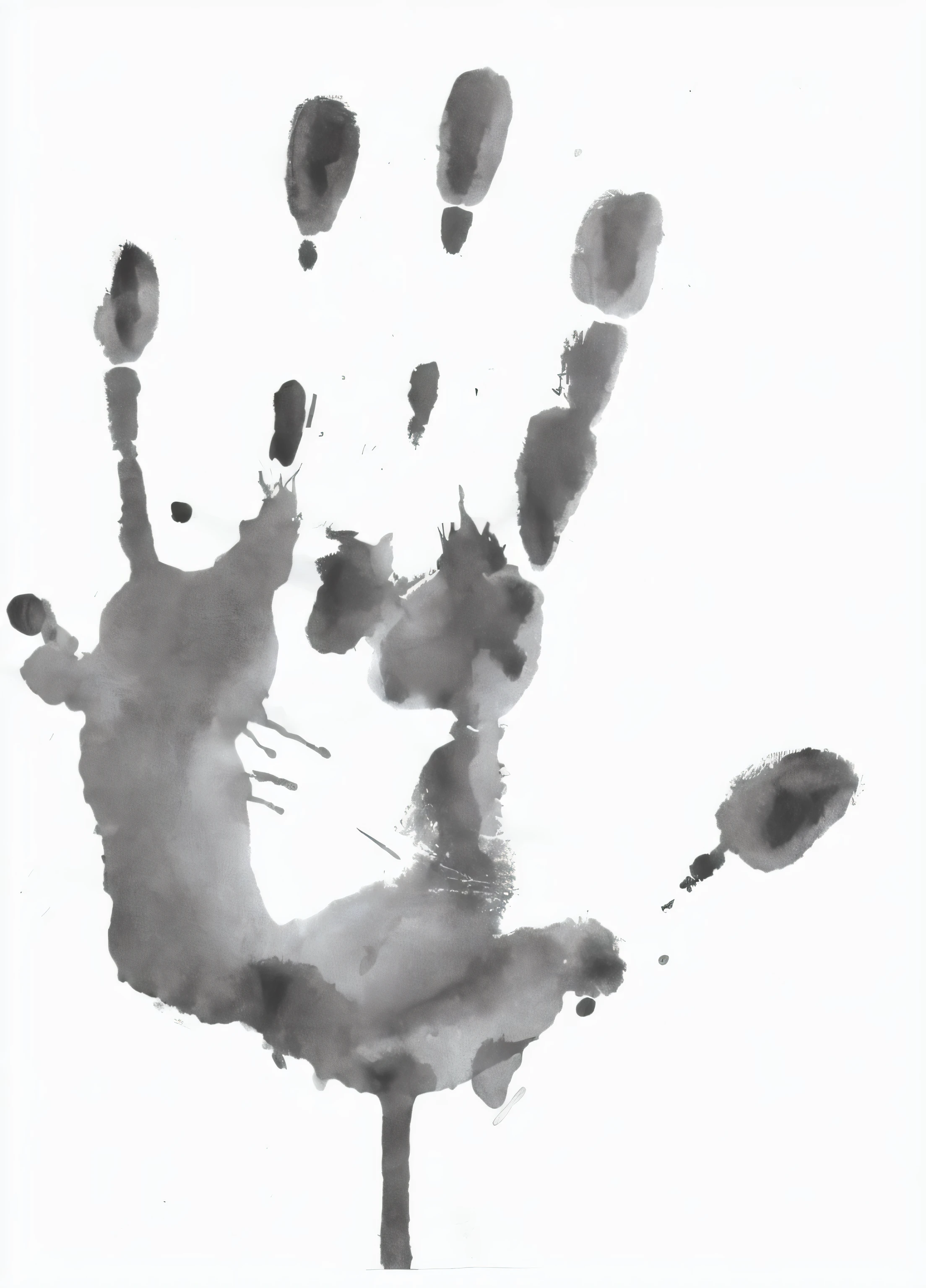 arafed hand print of a person with a white background, ink stains, one big inkblot on the paper, black ink on white background, ink blot, black watercolour, indian ink, black and white watercolor, india ink, splotch, high detail of a hand, open hand, portrait image, a hand, hand with five fingers, on a white background