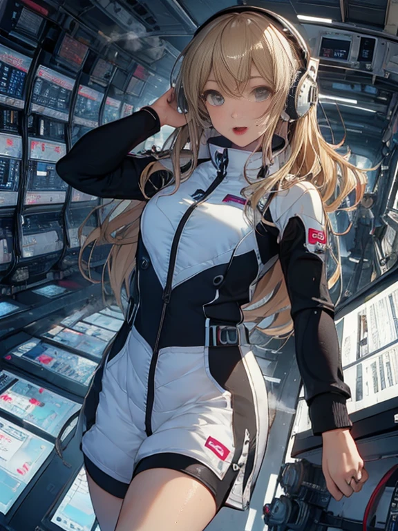 top-quality,Top image quality,in 8K,4K,​masterpiece,ultra-detailliert,Beautiful,ultra-quality, best quality,high resolution, ultra-detailed,game cg,dutch angle,acrobatic pose,jumping,(inside spacestation,)beautiful detailed eyes,five fingers,headphone,nsfw,a beauty girl,(track uniforms),wet,(steam:1.5),Running form,open open mouth,(blonde hair),(long hair):2,Navel,space_station_interior, exercise_room, futuristic, high_technology, zero_gravity_exercise_equipment, high_resolution_landscape, sleek_design, minimalistic, 8K_resolution, game_cg_style, Dutch_angle, detailed_character, track_uniform, perfect_running_form, intense_expression, detailed_eyes, determination, steam:1.5, beauty, strength, five_fingers, visible_navel, open_mouth, ultra_quality, high_resolution, ultra_detailed,astrovest