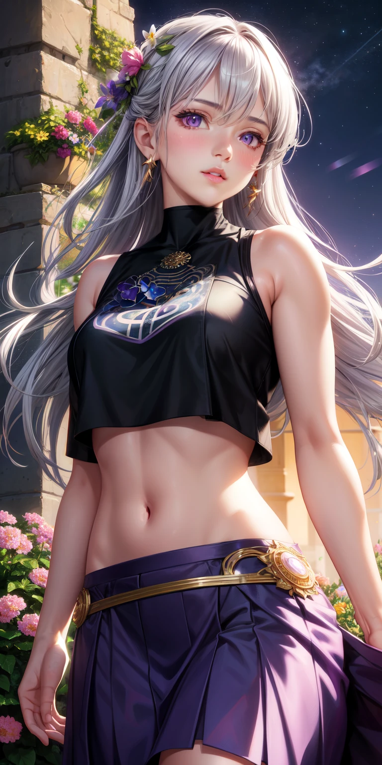 realistic, 1 girl, gray hair, purple eyes, shining eyes, crop top, skirt, parted lips, blush, night, flowers, sun, sunlight,