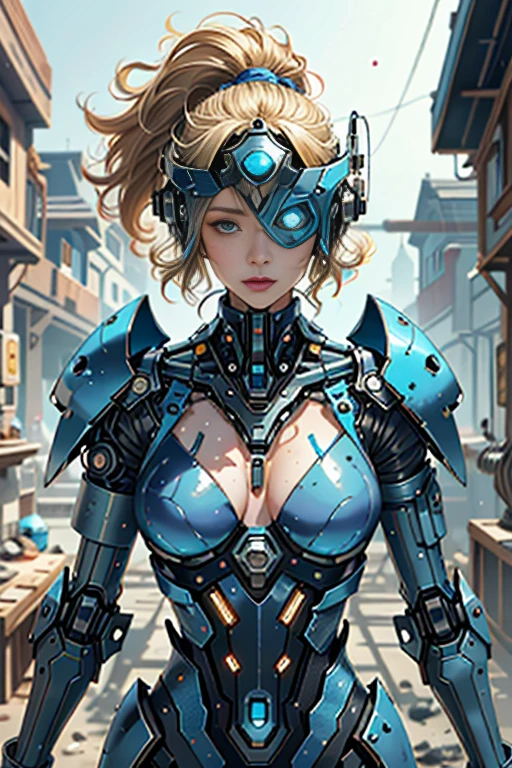 (best quality,4k,8k,highres,masterpiece:1.37), ultra-detailed, (realistic,photorealistic,photo-realistic:1.37), (aerial view), (top down perspective), 1woman, (the focal point is a woman pulling a video game cartridge out of a futuristic artifact box full of retro video game cartridges:1.6), (the woman is looking at the box:1.4), (Futuristic artifact box), (the artifact box is open), (The scene unfolds inside a mystical cavern:1.4), joints, mecha, (The woman is wearing a mecha exoskeleton made with blue glass details, covering her entire body:1.5), (She has a blue glass helmet visor protecting her eyes:1.4), (dynamic angle:1.37), reelmech, mechanical parts, fractal_body, (The woman's hair is made of fractal technologic components:1.4), (She has short blonde hair:1.37), (fantasy and sci-fi mixed:1.37), holographic glitch effects floats around the woman, vibrant colors, (A blue glow emanates from inside the treasure chest), glowing lights, (abandoned machinery), (there are video game cartridges and consoles on the background), mystical creatures, (there are crystal formations spreading on the background), (futuristic technology), (ancient artifacts), mystical energy, vibrant retro aesthetic, atmospheric lighting, ancient ruins, mysterious symbols, lush vegetation, interdimensional portals, nostalgic atmosphere, epic adventure, delightful surprises