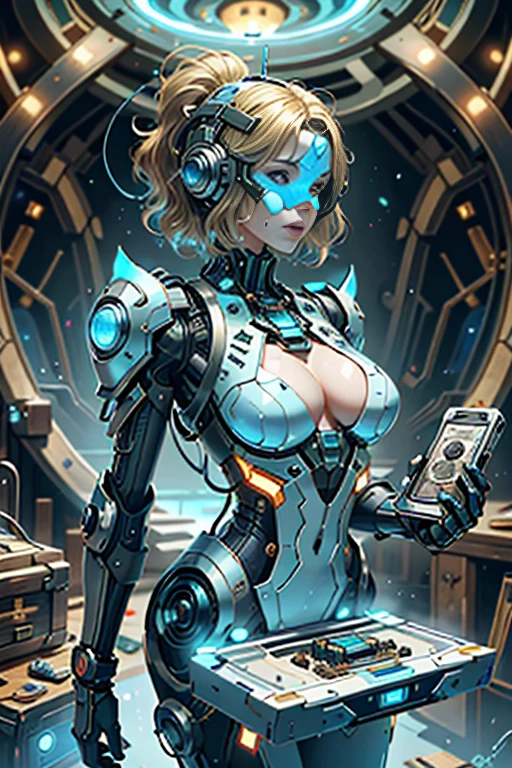 (best quality,4k,8k,highres,masterpiece:1.37), ultra-detailed, (realistic,photorealistic,photo-realistic:1.37), (aerial view), (top down perspective), 1woman, (the focal point is a woman pulling a video game cartridge out of a futuristic artifact box full of retro video game cartridges:1.6), (the woman is looking at the box:1.4), (Futuristic artifact box), (the artifact box is open), (The scene unfolds inside a mystical cavern:1.4), joints, mecha, (The woman is wearing a mecha exoskeleton made with blue glass details, covering her entire body:1.5), (She has a blue glass helmet visor protecting her eyes:1.4), (dynamic angle:1.37), reelmech, mechanical parts, fractal_body, (The woman's hair is made of fractal technologic components:1.4), (She has short blonde hair:1.37), (fantasy and sci-fi mixed:1.37), holographic glitch effects floats around the woman, vibrant colors, (A blue glow emanates from inside the treasure chest), glowing lights, (abandoned machinery), (there are video game cartridges and consoles on the background), mystical creatures, (there are crystal formations spreading on the background), (futuristic technology), (ancient artifacts), mystical energy, vibrant retro aesthetic, atmospheric lighting, ancient ruins, mysterious symbols, lush vegetation, interdimensional portals, nostalgic atmosphere, epic adventure, delightful surprises