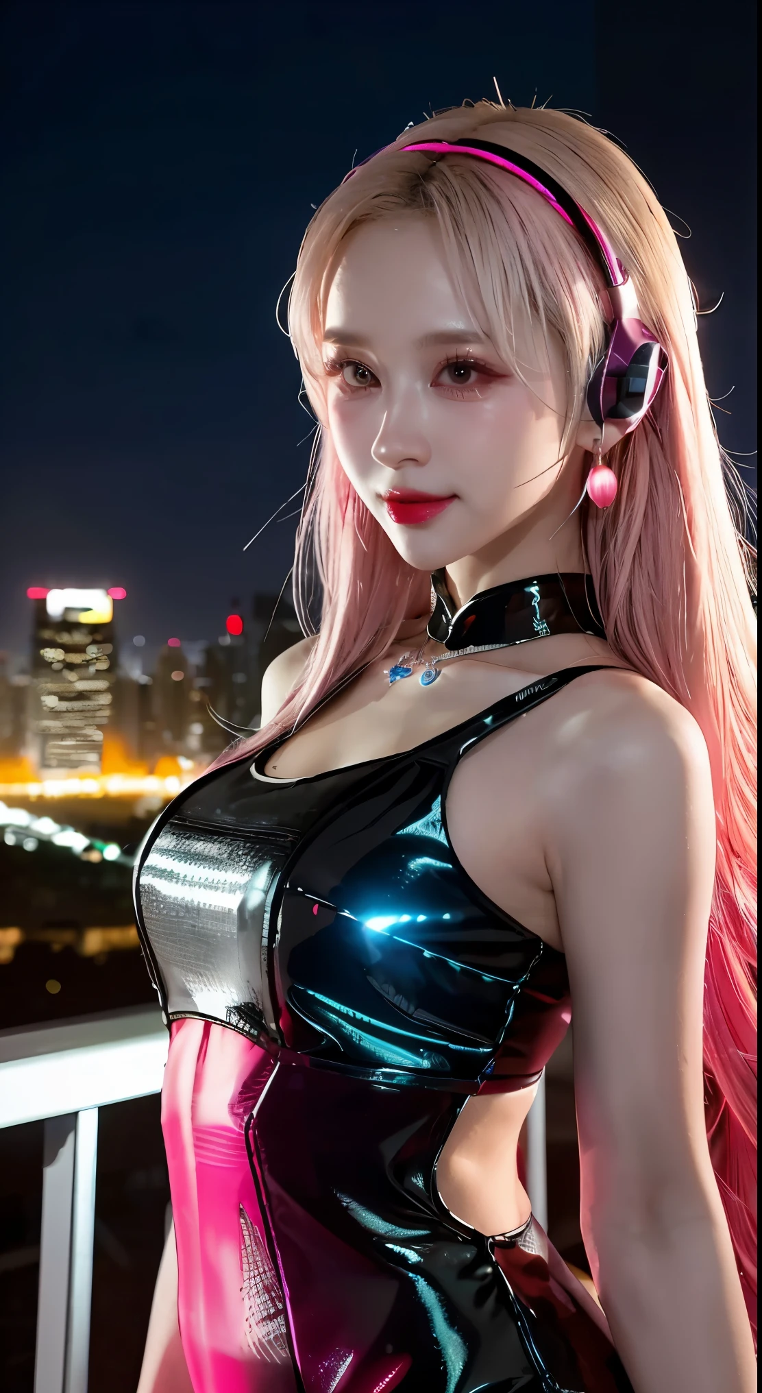 Singer, microphone in hand, cyberpunk microphone, singing, 1 girl, Chinese_clothes, liquid silver and pink, cyberhan, cheongsam, cyberpunk city, dynamic pose, glowing headphones, glowing hair accessories, long hair, glowing earrings, glowing necklace, cyberpunk, high-tech city, full of mechanical and futuristic elements, futuristic, technology, glowing neon, pink, pink light, transparent tulle, transparent streamers, laser, digital background urban sky, big moon, with vehicles, best quality, masterpiece, 8K, character edge light, super high detail, high quality, the most beautiful woman in human beings, micro smile, face left and right symmetry, ear antenna, beautiful pupil light effect, visual data