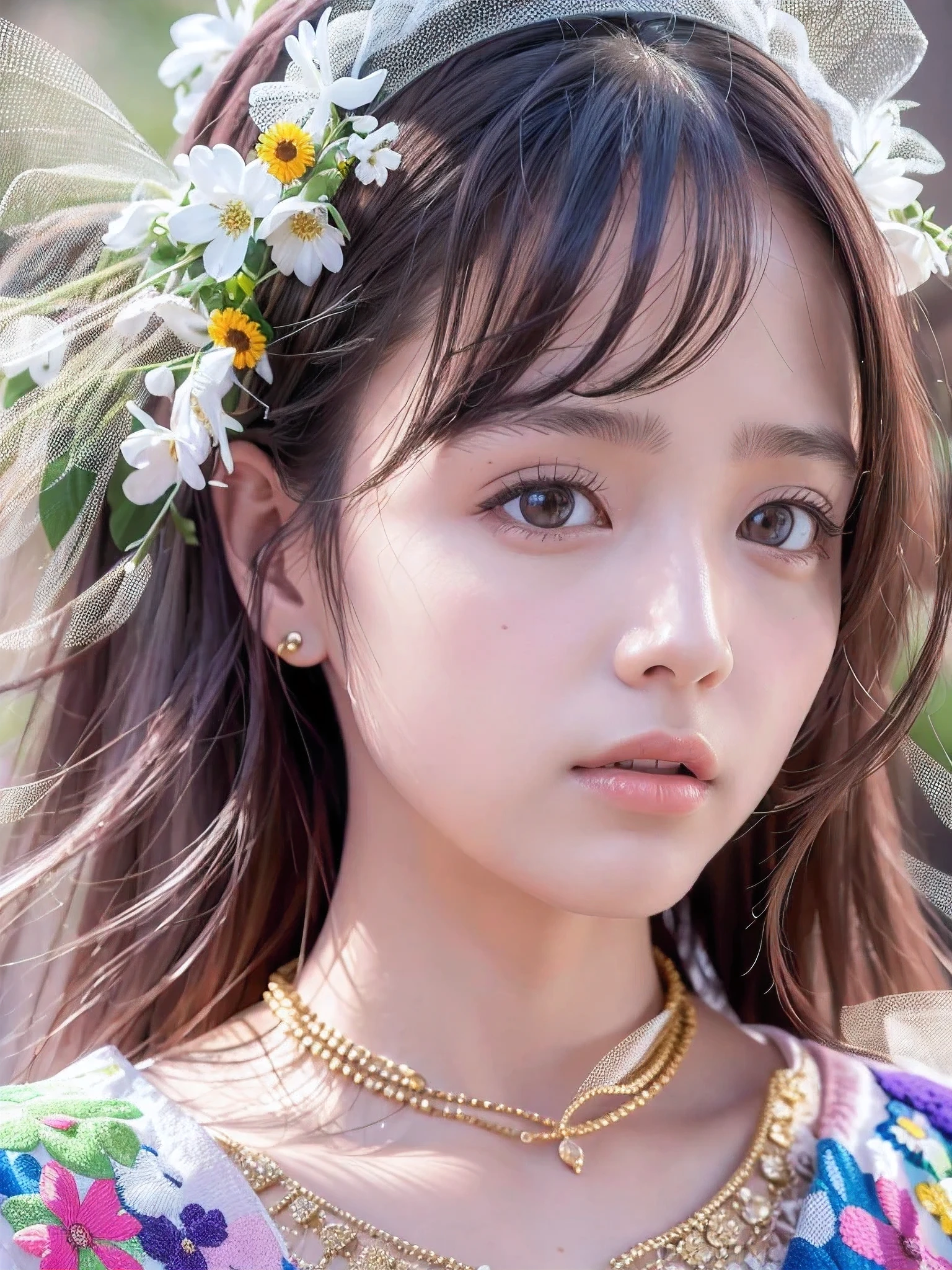 A girl in her fifties wearing a white dress and a purple dress, striking a pose for a photo, (natural and detailed facial features,beautiful detailed eyes, beautiful detailed lips, extremely detailed eyes, detailed face, long eyelashes), (8K resolution, high-res, masterpiece:1.2), ultra-detailed, (realistic, photorealistic, photo-realistic:1.37), princess cut, Belle Delphine, dress, 8K!!, ethereal lighting, vibrant colors