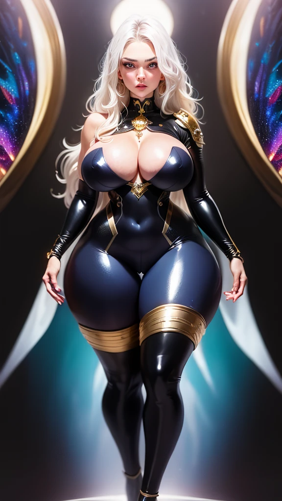 stunningly beautiful Alina Kabaeva face with Lisa Ann body, 20yo, (1girl), (mons pubis:1), as a pure white and very cute woman, black rubber suit, (gold filigree:1), White long wavy hair, sparkling gold big eyes, abs, great proportions, full body shot, background kaleidoscope, anime, illustration, fantasy, portrait, animification, high resolution, best quality, very high image quality, ultra detailed, hyper realistic, photorealistic, (big breasts:1), (cameltoe:1)
