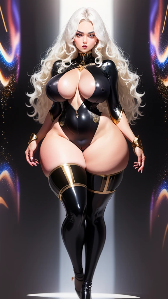 stunningly beautiful Alina Kabaeva face with Lisa Ann body, 20yo, (1girl), (mons pubis:1), as a pure white and very cute woman, black rubber suit, (gold filigree:1), White long wavy hair, sparkling gold big eyes, abs, great proportions, full body shot, background kaleidoscope, anime, illustration, fantasy, portrait, animification, high resolution, best quality, very high image quality, ultra detailed, hyper realistic, photorealistic, (big breasts:1), (cameltoe:1)