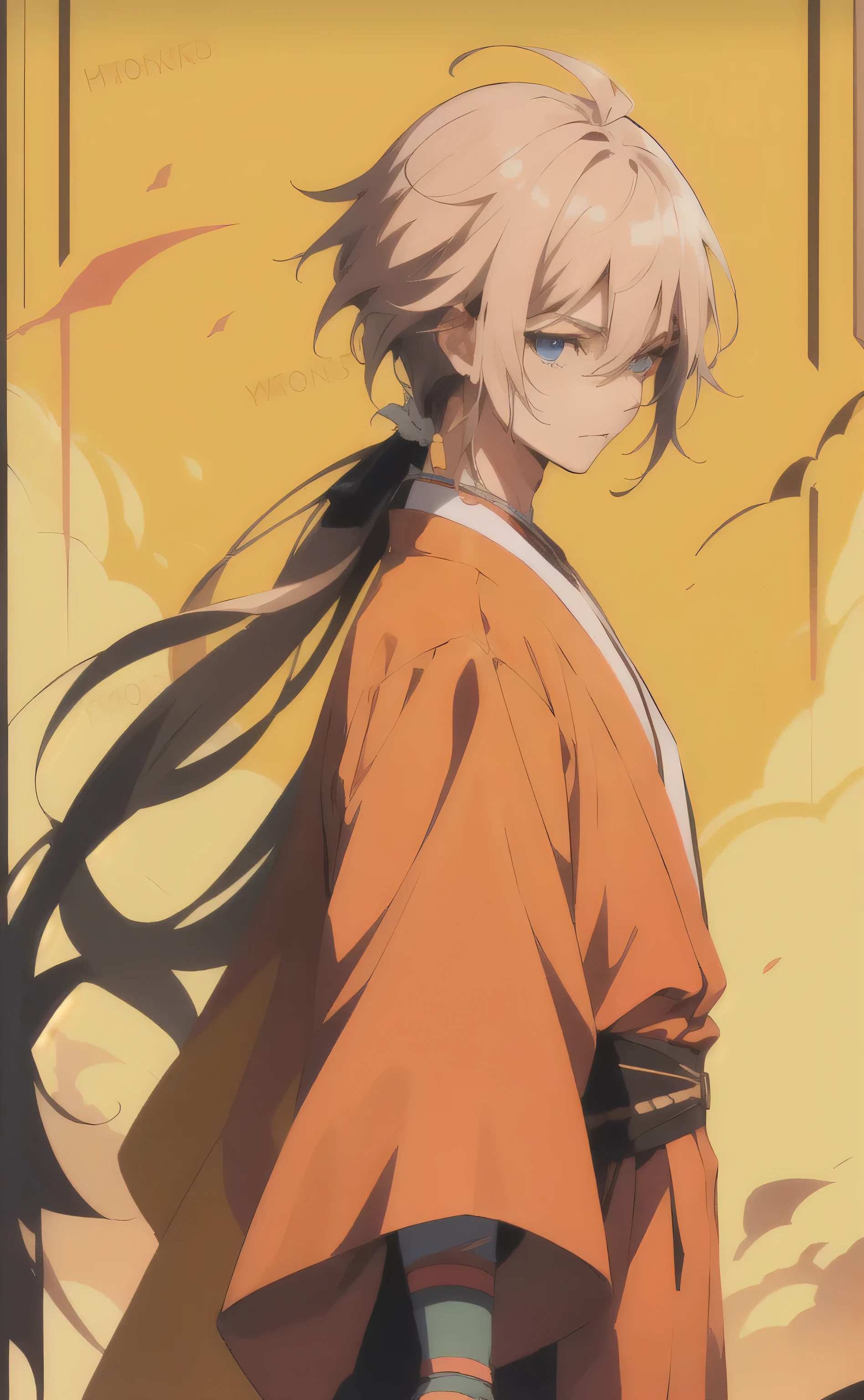 long hair、Cartoon character in orange costume standing in front of background, anime style 4k, Handsome guy in the art of slaying demons, best anime 4k konachan wallpapers, Male anime characters, Badass Anime 8K, 4k comic wallpaper, young anime man, Cartoon tribal long hair boy, anime boy, Male anime style, Main animation art