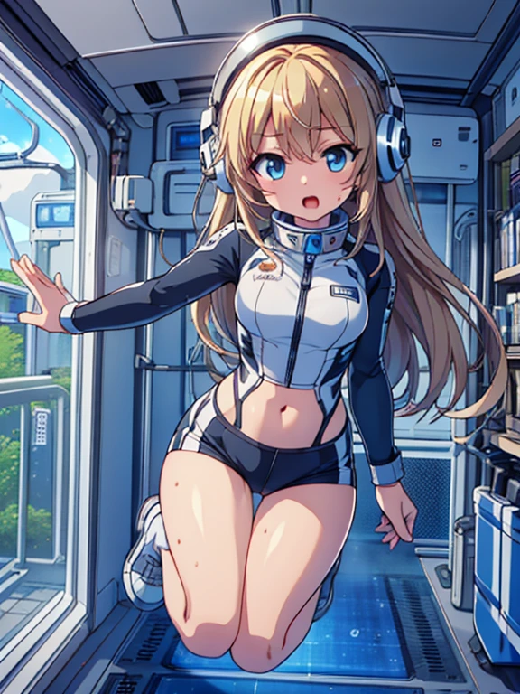 top-quality,Top image quality,in 8K,4K,​masterpiece,ultra-detailliert,Beautiful,ultra-quality, best quality,high resolution, ultra-detailed,game cg,dutch angle,acrobatic pose,jumping,(inside spacestation,)beautiful detailed eyes,five fingers,headphone,nsfw,a beauty girl,(track uniforms),wet,(steam:1.5),Running form,open open mouth,(blonde hair),(long hair):2,Navel,space_station_interior, exercise_room, futuristic, high_technology, zero_gravity_exercise_equipment, high_resolution_landscape, sleek_design, minimalistic, 8K_resolution, game_cg_style, Dutch_angle, detailed_character, track_uniform, perfect_running_form, intense_expression, detailed_eyes, determination, steam:1.5, beauty, strength, five_fingers, visible_navel, open_mouth, ultra_quality, high_resolution, ultra_detailed,astrovest