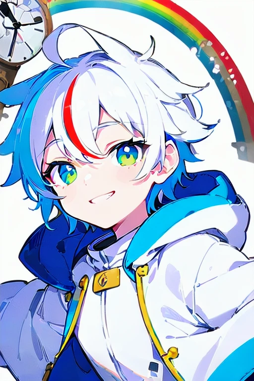 [(WHITE BACKGROUND:1.5)], ((((masterpiece)))), high quality, very high resolution, upper body, full color, (solo), (((1 little boy))), (white color short hair), ((((white color eye)))), white parka, anime, smile, (hair covering one eye), (clock rainbow effect:1.4), 