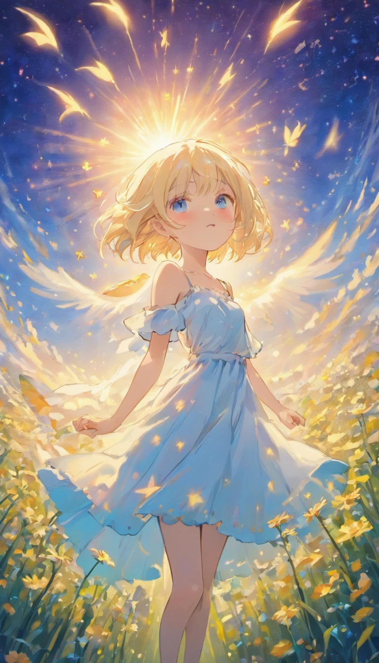 Depicts a carefree girl in a windswept flower field, surrounded by glowing Butterfly. stars light up the sky, The sun casts a warm light. Add bokeh for a dreamy touch. Vision, starlight, Butterfly, masterpiece, best quality,high dynamic range.ultra high definition.4k,8k,k,Very detailed,Super fine,extremely detailed description,professional, Volumetric light, platinum blonde, bob cut, Butterfly, best quality, illustration, Beautiful and delicate eyes, blue eyes,Double tail, posture, Off the shoulders,white clothing, starry sky, permanent, from below, The sun is dazzling, Sun visible at night