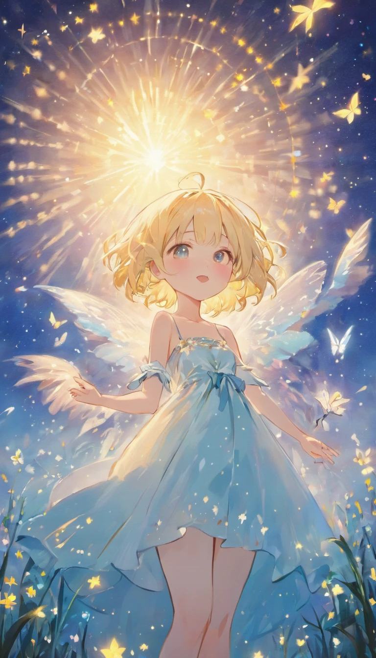 Depicts a carefree girl in a windswept flower field, surrounded by glowing Butterfly. stars light up the sky, The sun casts a warm light. Add bokeh for a dreamy touch. Vision, starlight, Butterfly, masterpiece, best quality,high dynamic range.ultra high definition.4k,8k,k,Very detailed,Super fine,extremely detailed description,professional, Volumetric light, platinum blonde, bob cut, Butterfly, best quality, illustration, Beautiful and delicate eyes, blue eyes,Double tail, posture, Off the shoulders,white clothing, starry sky, permanent, from below, The sun is dazzling, Sun visible at night