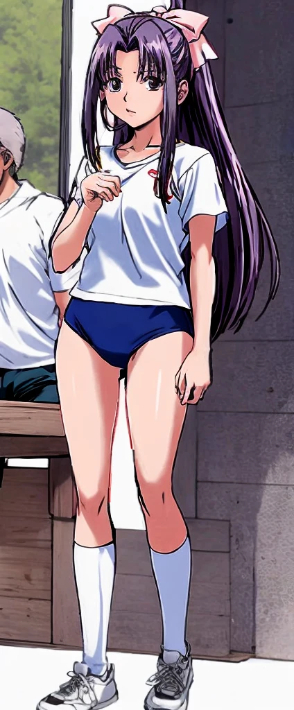 Momoko Koigakubo, who is tall and has beautiful legs, is standing with her legs spread to the side and her mouth open, wearing white gym clothes and light blue panty-shaped bloomers.。Doing Comanechi pose。