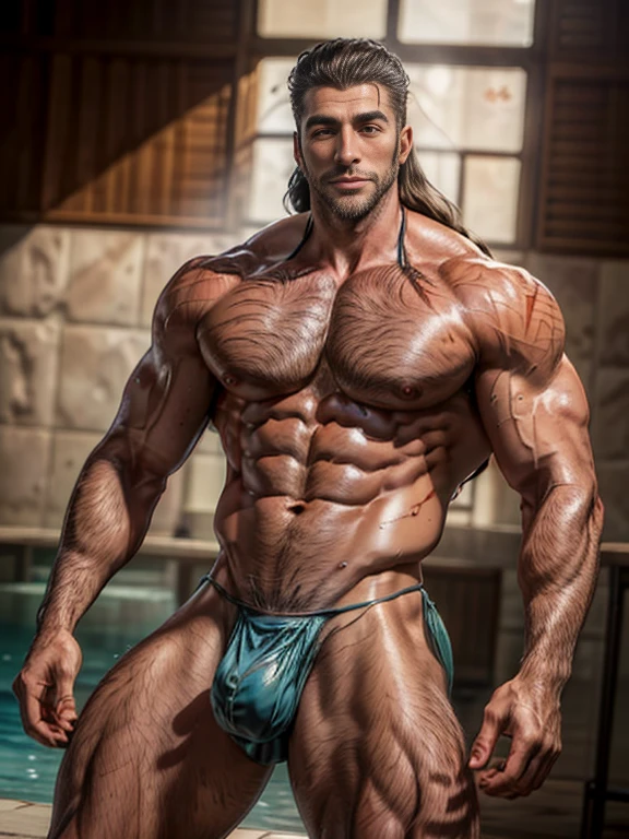 ((Best Quality, 8K, ultra-detailed, Masterpiece: 1.3)), 1boy, shiny skin, sharp, Perfect Body Beauty, realistic shaded perfect body, cute baby face,mascle, a handsome man, long hair, 45 years old, scar on his face, facial hair ("micro bikini, big bulge ":1.2),(dynamic pose:1.1), thigh
