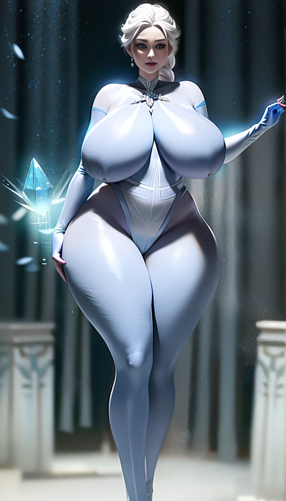 a close up of a woman in a blue bodysuit with a crystal, crystal maiden, ice queen, ice sorceress, frozen like a statue, ice princess, crystalline skin, queen of ice and storm, beautiful elsa, elsa frozen, ice crystal armor, shiny white skin, rossdraws digital painting, smooth digital concept art, female made of ice, (wide hips:1.3), (cameltoe:1.3), (SAGGING TITS:1.3), (BBW:1.1), (MILF:1.5)