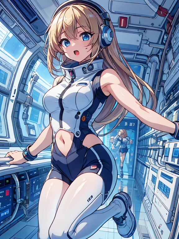 top-quality,Top image quality,in 8K,4K,masterpiece,ultra-detailliert,Beautiful,ultra-quality, best quality,high resolution, ultra-detailed,game cg,dutch angle,acrobatic pose,jumping,(inside spacestation,)beautiful detailed eyes,five fingers,headphone,nsfw,a beauty girl,(astrovest):5,(track uniforms),wet,(steam:1.5),Running form,open open mouth,(blonde hair),(long hair):2,Navel,space_station_interior, exercise_room, futuristic, high_technology, zero_gravity_exercise_equipment, high_resolution_landscape, sleek_design, minimalistic, 8K_resolution, game_cg_style, Dutch_angle, detailed_character, track_uniform, perfect_running_form, intense_expression, detailed_eyes, determination, steam:1.5, beauty, strength, five_fingers, visible_navel, open_mouth, ultra_quality, high_resolution, ultra_detailed,astrovest