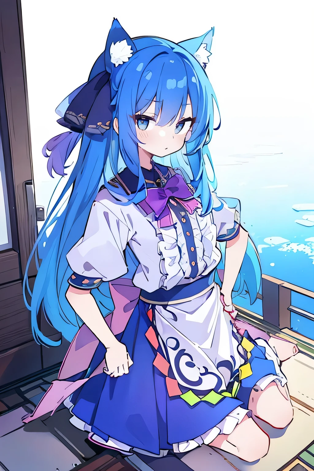 (masterpiece),best quality, expressive eyes, perfect face, 1girl,
Put your hands on your waist,fair, Gorgeous,Japanese cartoons,girl,lola,Hina Angel, blue hair, blue haired, floating clothes,Grab your waist, Grab your waist, hands on hips , hands on hips,sit, sit on ground, Legs on the ground, flat chest,cat ears,