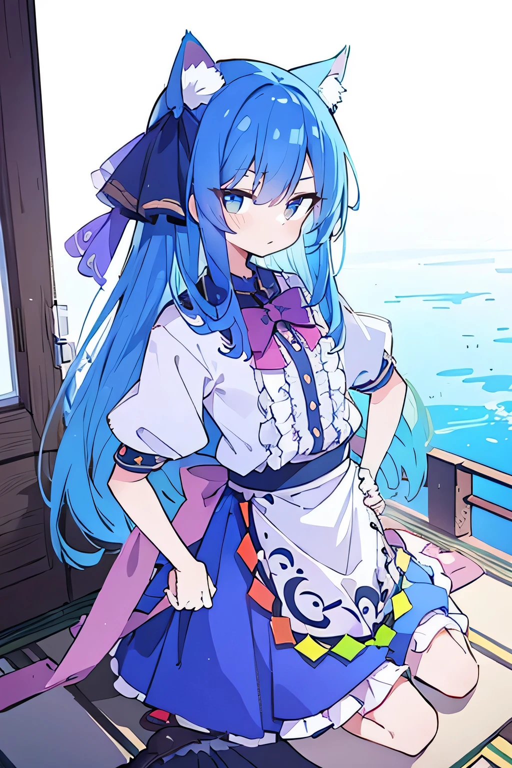 (masterpiece),best quality, expressive eyes, perfect face, 1girl,
Put your hands on your waist,fair, Gorgeous,Japanese cartoons,girl,lola,Hina Angel, blue hair, blue haired, floating clothes,Grab your waist, Grab your waist, hands on hips , hands on hips,sit, sit on ground, Legs on the ground, flat chest,cat ears,