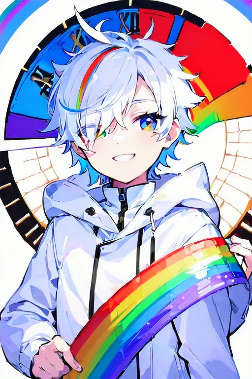 [(WHITE BACKGROUND:1.5)], ((((masterpiece)))), high quality, very high resolution, upper body, full color, (solo), (((1 little boy))), (white color short hair), ((((white color eye)))), white parka, anime, smile, (hair covering one eye), (clock rainbow effect:1.4), 