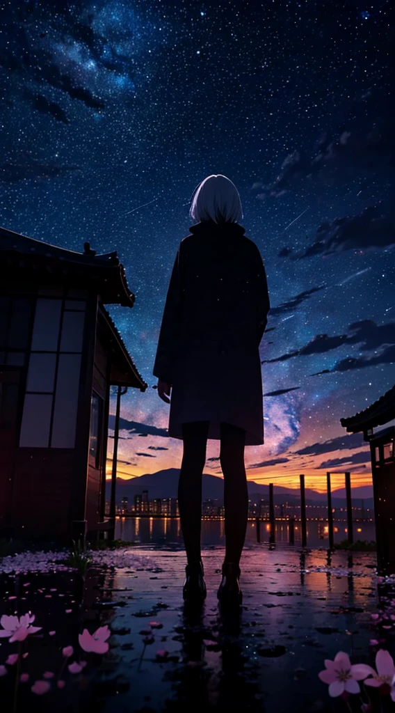 １people々々々々々々々,white haired woman，long coat，silhouette， Rear view，space sky, milky way, anime style, cherry blossoms，夜cherry blossoms，辺り一面に舞うcherry blossoms吹雪，Night view of the city from the mountainside，