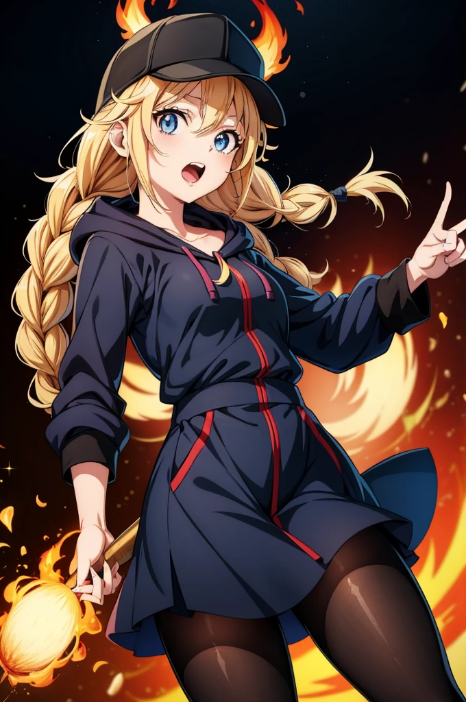 an anime girl with blonde hair holding up a hand with a flame, 1girl, solo, hat, blue eyes, breasts, open mouth, blonde hair, pantyhose, braid, looking at viewer, black headwear, long hair, hood, fire, index finger raised, baseball cap, hood down, small breasts, black pantyhose