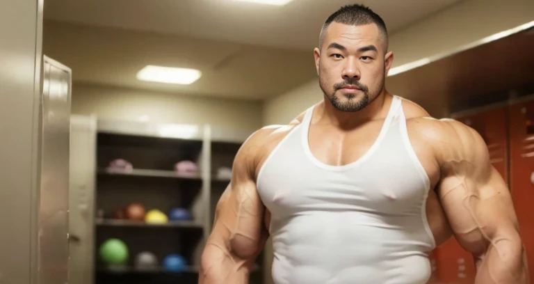 (smirking bodybuilder:1.4), (at locker room:1.4), 40's, (Japanese face:1.4), (Korean face:1.4), (Chinese face:1.4), (Taiwanese face:1.4), manly face, fat face, (round face:1.4), (monolid eyes:1.2), (buzz cut:1.5), very large and strong body, bulky body, beefy muscles, (bulging muscles:1.4), (very large pectoral muscles:1.4), (muscular arms:1.4), muscular abs, muscular legs, muscular back, bright oily skin, (realistic:1.2), distant view