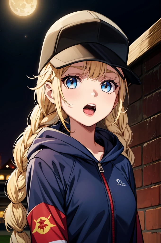 a girl with skull heads and blonde hair in a baseball cap and jacket, 1girl, skull, blood, blue eyes, hat, solo, blonde hair, braid, hood, open mouth, blood on face, baseball cap, looking at viewer, long hair, black headwear, moon, jacket, bangs, twin braids, upper body