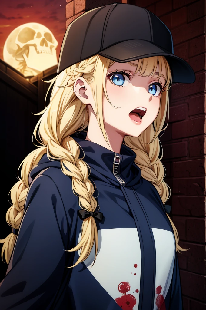 a girl with skull heads and blonde hair in a baseball cap and jacket, 1girl, skull, blood, blue eyes, hat, solo, blonde hair, braid, hood, open mouth, blood on face, baseball cap, looking at viewer, long hair, black headwear, moon, jacket, bangs, twin braids, upper body