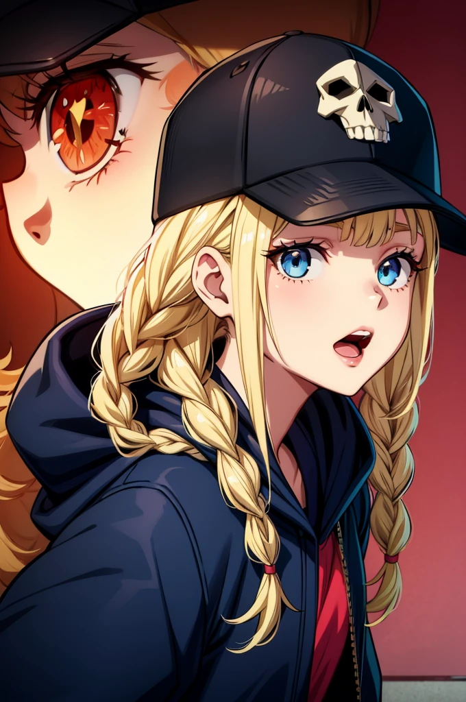 a girl with skull heads and blonde hair in a baseball cap and jacket, 1girl, skull, blood, blue eyes, hat, solo, blonde hair, braid, hood, open mouth, blood on face, baseball cap, looking at viewer, long hair, black headwear, moon, jacket, bangs, twin braids, upper body