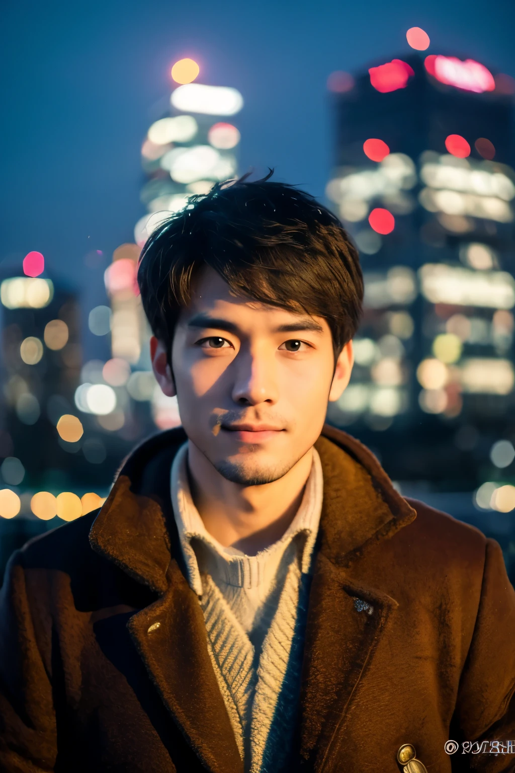 Photoreal, 8k Full Length Portrait, Handsome, 25 year old male, attractive look, Detailed details of the face, Tokyo city, winter, With Shibuya in the background