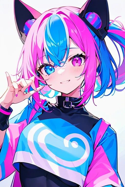 [(WHITE BACKGROUND:1.5),::5], ((((masterpiece)))), high quality, very_high_resolution, large_filesize, full color, ((girl)), 15 old year, short neon blue and pink two-tone colorful hair, vivid color, neon blue and pink heterochromic eye, civilian clothes white, anime, smile, 