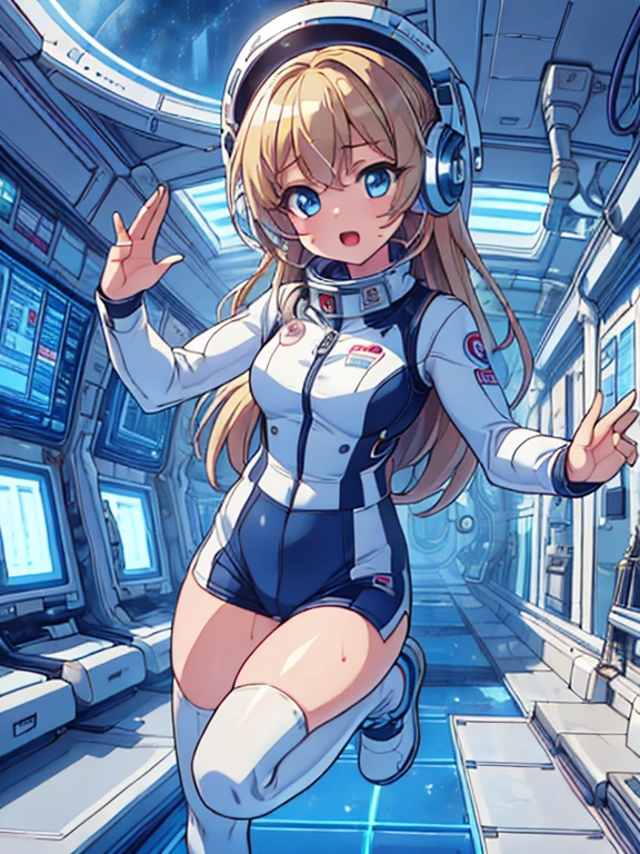 top-quality,Top image quality,in 8K,4K,​masterpiece,ultra-detailliert,Beautiful,ultra-quality, best quality,high resolution, ultra-detailed,game cg,dutch angle,(acrobatic pose):5,jumping:5,(inside spacestation,)beautiful detailed eyes,five fingers,headphone,nsfw,a beauty girl,(astrovest):5,(track uniforms),wet,(steam:1.5),Running form,open open mouth,(blonde hair),(long hair):2,Navel,space_station_interior, exercise_room, futuristic, high_technology, zero_gravity_exercise_equipment, high_resolution_landscape, sleek_design, minimalistic, 8K_resolution, game_cg_style, Dutch_angle, detailed_character, track_uniform, perfect_running_form, intense_expression, detailed_eyes, determination, steam:1.5, beauty, strength, five_fingers, visible_navel, open_mouth, ultra_quality, high_resolution, ultra_detailed,astrovest