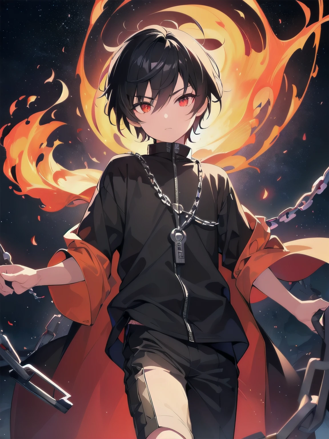 [(deep crimson:1.5),::5], (((masterpiece))), high quality, very high resolution, large filesize, full color, ((**********)), short Black hair, vivid color, orange eye, (Flame Effect), anime, sky of night galaxy, ((chains))