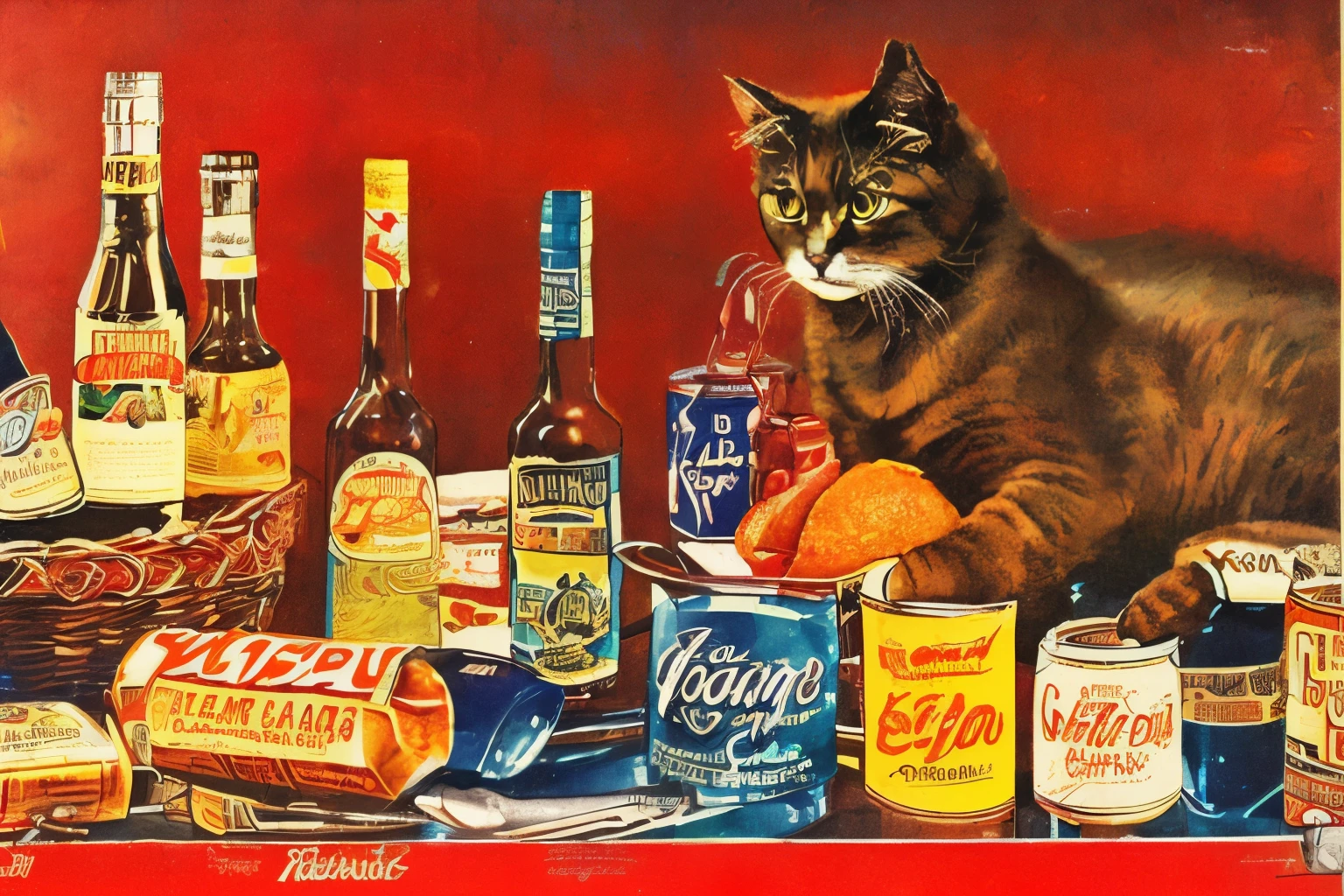 Vintage, food, alcohol, cat